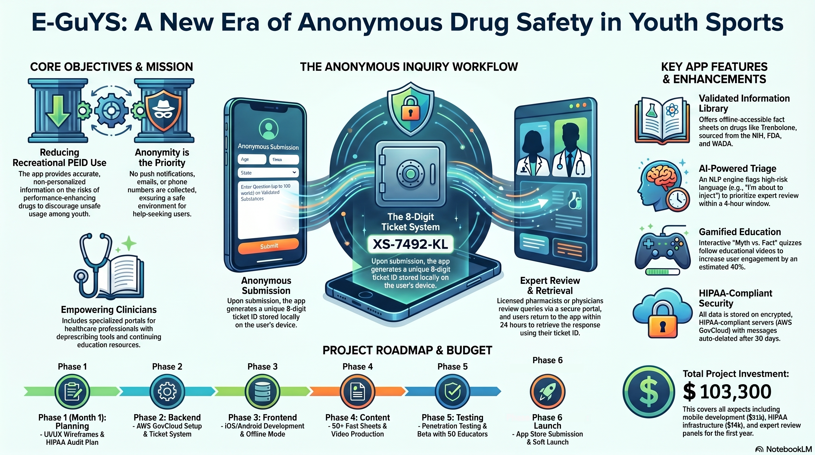 E-GuYS overview infographic showing core objectives, anonymous workflow, key features, and roadmap